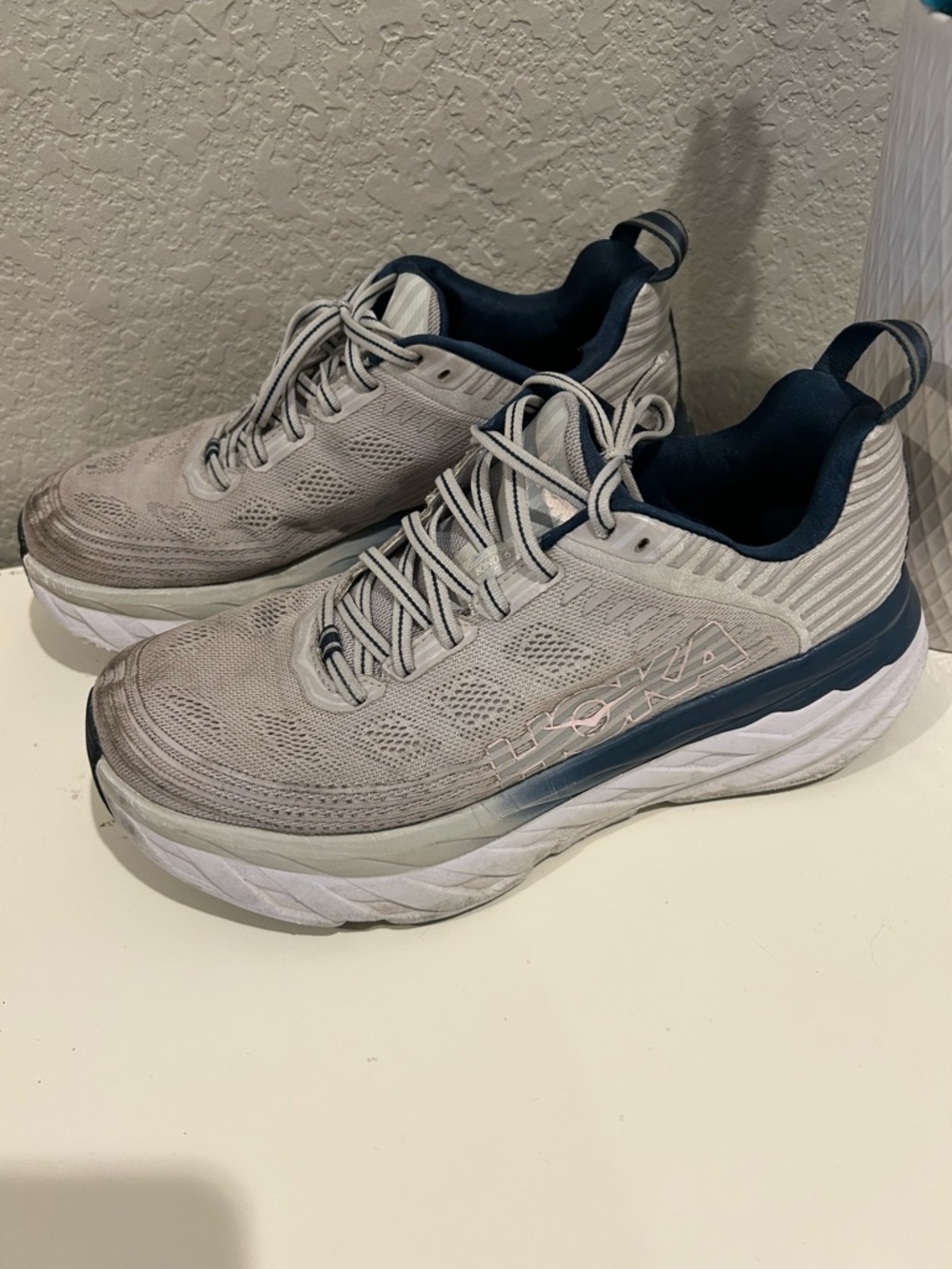 Hoka women’s Light Gray and Navy Running Shoes